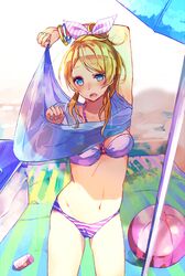  ayase_eli ball beachball bikini blonde_hair blue_eyes breasts cleavage hairband highres long_hair love_live!_school_idol_project o-ring_bikini open_eyes open_mouth sonko swimsuit teeth 