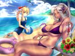  ball beachball blonde_hair braid breasts cleavage dark_skin fang head_wings horns huge_breasts long_hair looking_at_viewer original pointy_ears red_eyes school_swimsuit silver_hair small_breasts swimsuit tan very_long_hair yamaneko 