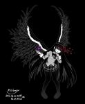  1girl akemi_homura akuma_homura black_background black_hair black_legwear bow dark_orb_(madoka_magica) dated facing_viewer feathered_wings finger_to_mouth hair_bow hair_over_eyes highres long_hair mahou_shoujo_madoka_magica mahou_shoujo_madoka_magica_movie mistery monochrome no_eyes pantyhose pleated_skirt school_uniform shushing signature simple_background skirt smile solo spoilers wings 