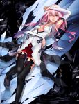  1girl bare_shoulders black_legwear breasts cleavage detached_sleeves guilty_crown hair_ornament hairclip long_hair looking_at_viewer open_mouth pink_hair red_eyes solo thigh-highs twintails yuzuriha_inori 