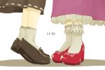  2girls ankle_socks commentary dress maribel_hearn multiple_girls pun shoes skirt tiptoes tokoroten_(hmmuk) touhou usami_renko 