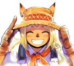  1girl animal_ears bandana blonde_hair blush bust closed_eyes doraeshi facial_mark final_fantasy final_fantasy_xi gloves hat mithra overalls short_hair short_twintails smile solo straw_hat teeth twintails white_background 