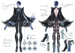  1girl alternate_hair_length alternate_hairstyle ass back_cutout bayonetta bayonetta_(character) bayonetta_2 black_hair bodysuit character_sheet closed_eyes coat concept_art earrings full_body glasses gloves gun handgun jewelry lipstick long_legs makeup official_art quadruple_wielding shimazaki_mari short_hair solo translation_request weapon white_gloves 