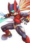  1boy blonde_hair bodysuit brown_eyes energy_sword helmet male rockman rockman_zero solo sowel_(sk3) sword weapon zero_(rockman) 