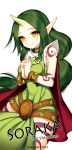  1girl 2014 artist_name cape character_name choker green_hair horn league_of_legends long_hair looking_at_viewer opalheart pointy_ears simple_background smile solo soraka tattoo white_background yellow_eyes 