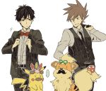  ... 2boys alternate_costume belt black_hair bowtie brown_hair clothed_pokemon facial_hair formal growlithe hiyokko_ep jacket_over_shoulder male multiple_boys mustache ookido_green pikachu pokemon pokemon_(creature) pokemon_(game) pokemon_bw pokemon_rgby red_(pokemon) red_(pokemon)_(classic) short_hair spiky_hair suit vest 