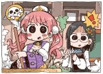  ! 2girls adomi atelier_(series) atelier_escha_&amp;_logy black_hair blush_stickers book choker escha_malier glasses hair_ornament hat holding long_hair marion_quinn multiple_girls pink_hair pom_pom_(clothes) short_hair skull_and_crossbones smoke spoken_exclamation_mark spoken_object sweat twintails 