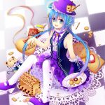  1girl :d aoki_lapis biscuit blue_eyes blue_hair cookie food food_themed_clothes from_above gyaza hat long_hair looking_at_viewer open_mouth pantyhose shoes sitting smile solo tagme twintails vocaloid white_legwear 