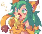  1girl animal_ears anmofu banana blush_stickers cat_ears cham_cham eating fang food fruit gloves green_eyes green_hair long_hair open_mouth paw_gloves samurai_spirits simple_background solo tail tiger_print white_background 