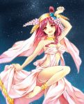  1girl bare_shoulders eiro headdress long_hair magi_the_labyrinth_of_magic morgiana open_mouth pink_hair red_eyes side_ponytail sky smile solo source_request 