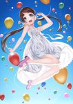  1girl balloon bare_legs blue_eyes blush brown_hair dress kyon_(fuuran) long_hair looking_at_viewer mary_janes open_mouth original shoes smile solo sundress 