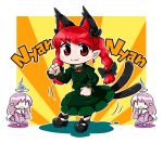  3girls :3 animal_ears bow braid byourou cat_ears cat_tail chibi dancing hair_bow halo kaenbyou_rin long_hair looking_at_viewer multiple_girls multiple_tails pink_hair pointy_ears red_eyes redhead short_hair tail touhou twin_braids twintails zombie_fairy |_| 