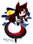  1girl animal_ears brooch brown_hair byourou chibi dated dress fang fingernails imaizumi_kagerou jewelry long_hair long_sleeves looking_at_viewer moon red_eyes sharp_fingernails smile solo touhou wide_sleeves wolf_ears 