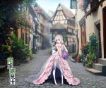  1girl blurry blush bouquet bridal_veil chaika_trabant dated depth_of_field dress flower half-timbered hitsugi_no_chaika long_hair looking_at_viewer outdoors pavement pigeon-toed road silver_hair smile solo street thigh-highs veil violet_eyes wedding_dress white_legwear 