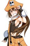  1girl blush breasts brown_eyes brown_hair butt_crack fang fingerless_gloves gloves grin guilty_gear hat long_hair may_(guilty_gear) pirate_hat ponkotsu ponytail sideboob skull_and_crossbones small_breasts smile solo 