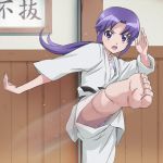  1girl barefoot feet happinesscharge_precure! haruyama_kazunori hikawa_iona karate kicking long_hair open_mouth precure purple_hair soles solo toe_scrunch toes violet_eyes 