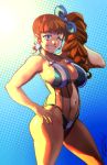  1girl alternate_hairstyle bikini bliss_barson blue_eyes blue_lipstick bow breasts brown_hair cryamore curly_hair curvy earrings eyeshadow hair_bow hand_on_hip jewelry large_breasts lipstick long_hair makeup mole navel robert_porter side_ponytail sideboob solo swimsuit 