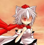  1girl animal_ears bare_shoulders blush breasts detached_sleeves hat inubashiri_momiji looking_at_viewer lowres pom_pom_(clothes) red_eyes red_scarf scarf short_hair silver_hair smile solo tokin_hat touhou wolf_ears 