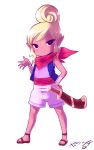  1girl bandages big_hair blonde_hair born-to-die dark_skin hand_on_hip neckerchief pointy_ears sandals scabbard sheath shorts smile solo standing sword tetra the_legend_of_zelda toes updo vest weapon wind_waker 