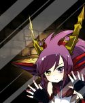  1girl against_glass armor bare_shoulders black_gloves dragon_girl dragon_horns elbow_gloves fingerless_gloves fourth_wall frown glass gloves head_fins heterochromia horns long_hair looking_at_viewer phone_screen phone_wallpaper pikomarie purple_hair puzzle_&amp;_dragons reflection sleeveless solo sonia_(p&amp;d) stone stone_wall violet_eyes wall wallpaper yellow_eyes 