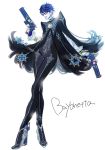  1girl alternate_hair_length alternate_hairstyle bayonetta bayonetta_(character) bayonetta_2 black_hair blue_eyes bodysuit coat concept_art crossed_legs earrings full_body glasses gloves gun handgun jewelry lipstick long_legs makeup official_art quadruple_wielding shimazaki_mari short_hair solo standing weapon white_gloves 