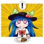  ! 1girl blue_hair blush_stickers bow byourou chibi curry curry_rice eating emphasis_lines food fruit hat hinanawi_tenshi long_hair peach red_eyes smile solo star star-shaped_pupils symbol-shaped_pupils touhou 