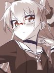  1girl adjusting_hair amatsukaze_(kantai_collection) bespectacled blew_andwhite blush choker glasses grey_background hair_tubes hand_on_hip kantai_collection long_hair looking_at_viewer school_uniform serafuku simple_background solo spot_color twintails 