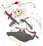  1girl anger_vein animal_ears bare_shoulders blush breasts detached_sleeves hat highres inubashiri_momiji looking_at_viewer midriff moai_ex navel pom_pom_(clothes) red_eyes sarashi short_hair silver_hair simple_background solo sword sword_bag tail tokin_hat touhou weapon white_background wolf_ears wolf_tail 