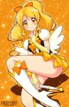  1girl blonde_hair blush boots bow character_name copyright_name cure_honey hair_bow happinesscharge_precure! highres jewel_(the_black_canvas) looking_at_viewer magical_girl oomori_yuuko orange_background ponytail precure skirt smile solo thighs yellow_eyes yellow_skirt 