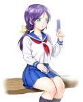  1girl :o bench black_legwear breasts card green_eyes large_breasts long_hair love_live!_school_idol_project low-tied_long_hair miniskirt onsoku_maru pleated_skirt purple_hair school_uniform serafuku sitting skirt socks solo tareme toujou_nozomi 