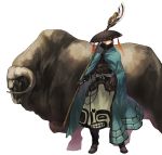  amanohana animal boots cloak fantasy hat highres male original solo staff water_buffalo 