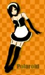  1girl 2008 apron bad_id black_eyes black_gloves black_hair black_legwear breasts checkered checkered_background cleavage dress elbow_gloves garters gloves junta lace maid maid_headdress orange_background short_hair solo thigh-highs thighhighs watermark web_address 