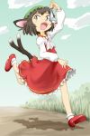  animal_ears ascot black_hair blush_stickers brown_eyes cat_ears cat_tail chen child cloud dangling_over_mouth dress eating fangs fish frills grass hat loafers looking_at_viewer multiple_tails ohyo open_mouth outdoors path red_dress red_shoes running shadow shoes short_hair sky socks solo tail touhou white_legwear 