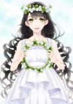  1girl black_hair dress flower green_eyes head_wreath long_hair original smile solo tottome 