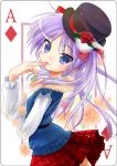  card card_(medium) hair_ribbon hands hat hiiragi_kagami lucky_star playing_card playing_cards pooru porurin_(do-desho) purple_hair ribbon smile tsurime 