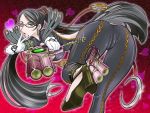  1girl armband ass back bangs bayonetta bayonetta_(character) bent_over black_eyes black_hair blown_kiss blue_eyes bodysuit bracelet breasts earrings elbow_gloves foreshortening from_behind glasses gloves gun hair_bun hair_ribbon handgun heart high_heels jewelry kiss large_breasts leg_lift lipstick long_hair looking_back mole open_mouth parted_bangs red_ribbon ribbon shoes solo sparkle standing standing_on_one_leg strap swept_bangs takaoka_motofumi twintails v very_long_hair wallpaper weapon white_gloves wink 
