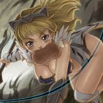  bandage blonde_hair blue_eyes boned_meat breasts cleavage earrings elina fang food fur hamoto jewelry meat mouth_hold queen&#039;s_blade queen's_blade solo 