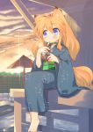  1girl barefoot blonde_hair blue_eyes blue_hair blush bowl chopsticks eating evening feet food fox_ears fox_tail highres holding_chopsticks japanese_clothes kimono kitsune_udon neck_ribbon noodles original ribbon sitting solo sunlight sunset tail toba_hiyoko udon veranda yukata 