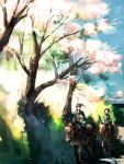  character_request cherry_blossoms highres horse japanese_clothes landscape light nature pixiv_sengoku_jidai riding scenery 