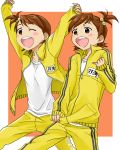  blush brown_eyes brown_hair child e-n futami_ami futami_mami hair_bobbles hair_ornament idolmaster multiple_girls pinky_out siblings side_ponytail simple_background takase_(pixiv710440) track_suit twins wink 