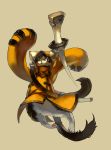  animal_ears black_eyes blazblue bottomless brown_background cat cat_ears cat_hood cat_tail eyepatch highres hood jubei_(blazblue) male multiple_tails no_humans simple_background solo sword tail unsheathed weapon yadori_(frousol) 