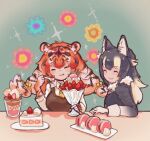  2girls animal_ears animal_print black_hair blush bow brown_vest cake cake_slice closed_eyes coat collared_shirt commentary_request dessert elbow_gloves eyebrows_visible_through_hair food fruit gloves grey_coat grey_hair grey_wolf_(kemono_friends) hair_bow highres kemono_friends long_sleeves multicolored_hair multiple_girls necktie orange_hair parfait plaid_necktie print_gloves shimazoenohibi shirt siberian_tiger_(kemono_friends) sleeve_cuffs smile sparkle strawberry tiger_ears tiger_girl tiger_print twintails vest white_gloves white_hair white_shirt wolf_ears wolf_girl yellow_necktie 