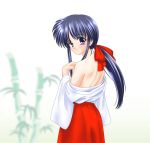  1girl artist_request bamboo bare_shoulders blue_eyes blue_hair japanese_clothes looking_at_viewer looking_back miko original ponytail ribbon smile 