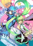  alternate_color blue_eyes blue_hair colourswap detached_sleeves green_eyes green_hair hatsune_miku instrument kaito keyboard_(instrument) khanshin long_hair microphone microphone_stand musical_note necktie skirt spring_onion thighhighs twintails vocaloid 