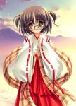  brown_eyes brown_hair glasses japanese_clothes miko scarf 