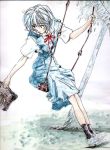  albino ayanami_rei bag black_socks blue_eyes blue_hair happy long_skirt neon_genesis_evangelion rain school_uniform seifuku shoes skirt smile socks swing trees 