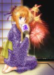  fireworks japanese_clothes kimono kneeling orange_hair ribbon 
