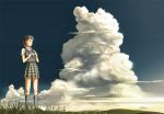  brown_hair camera cloud clouds field original plaid plaid_skirt ryotaro skirt sky solo standing twintails 