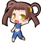  428 bare_midriff blush blush_stickers brown_hair canaan chibi china_dress chinese_clothes fang lowres midriff pac-man_eyes pacman_eyes simple_background smile solo suntail twintails yunyun 