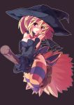  broom broom_riding hat kinakomochi red_eyes striped striped_legwear striped_thighhighs tail thigh-highs thighhighs wings witch_hat 